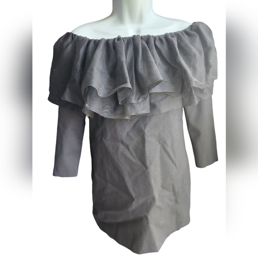 Zara Trafaluc Black Tulle Ruffle Neckline Long Sleeve Mini Dress Size M